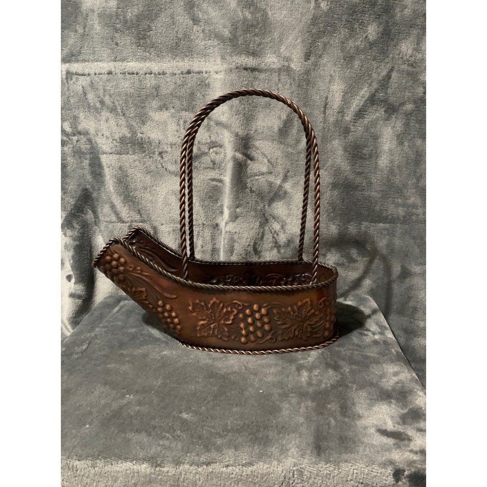 Wine Pourer Basket Embossed Metal Grapes Leaves Copper Tone Twisted Handle India